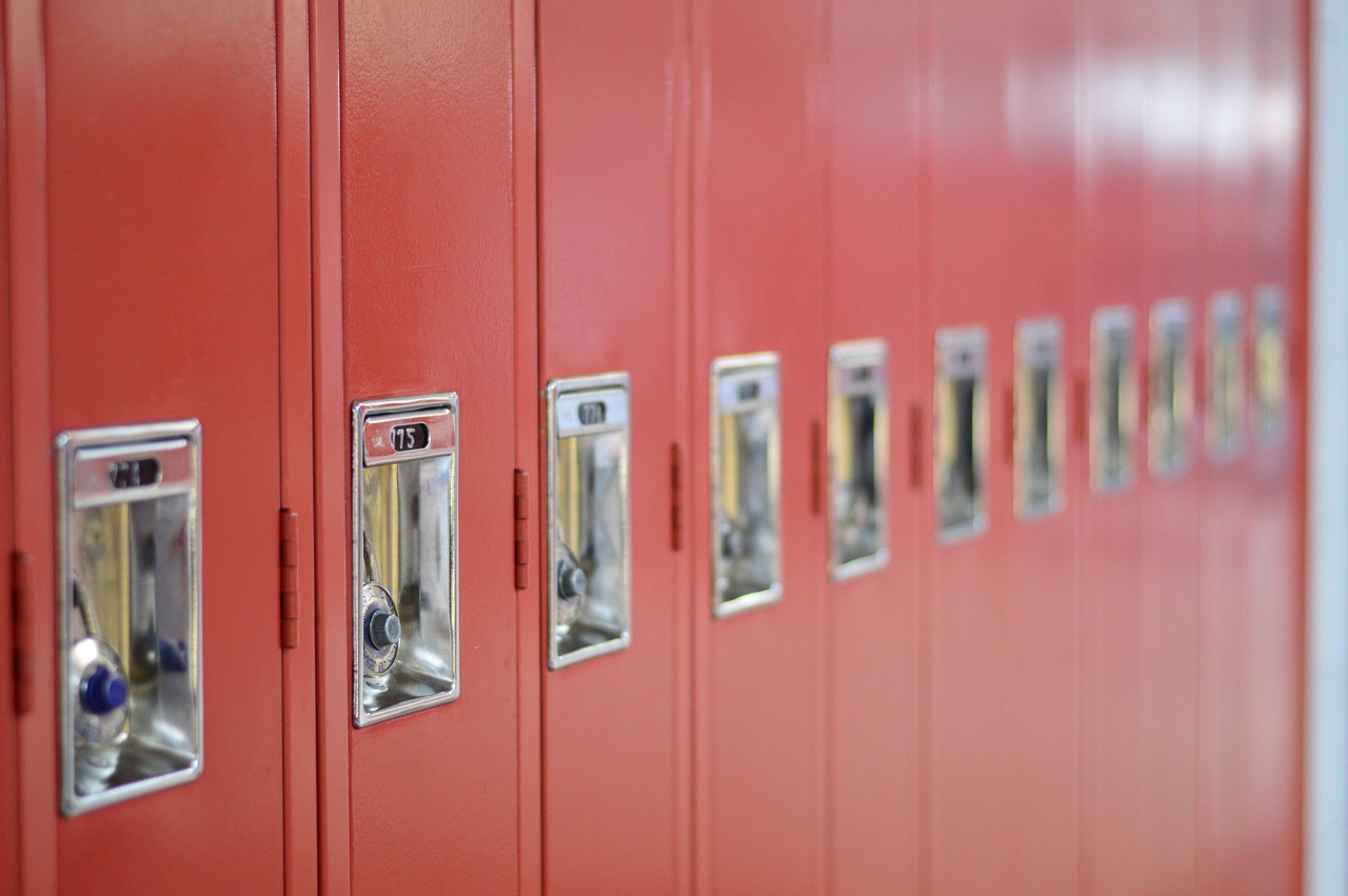 Close up of red lockers.