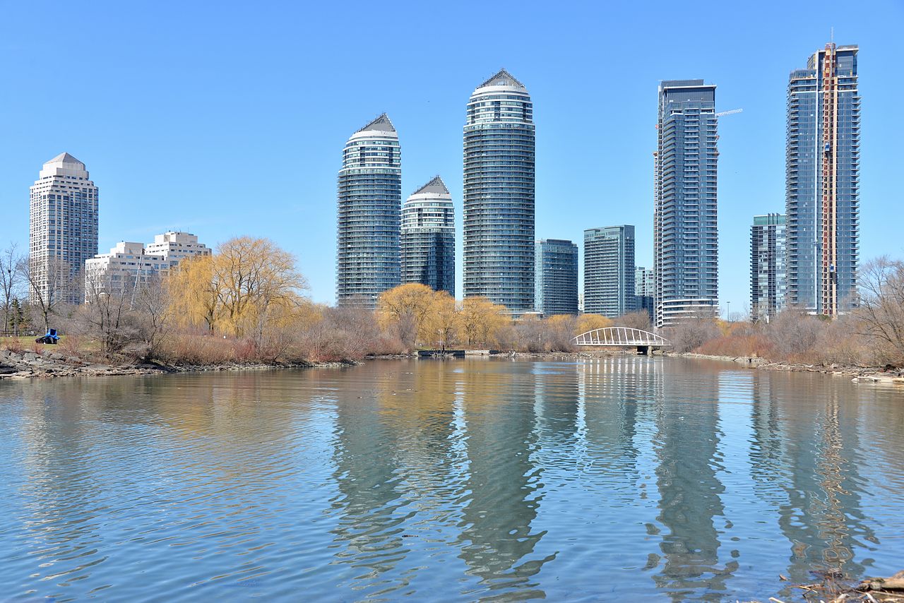 View of Humber Bay Park East lake and condo construction in background.