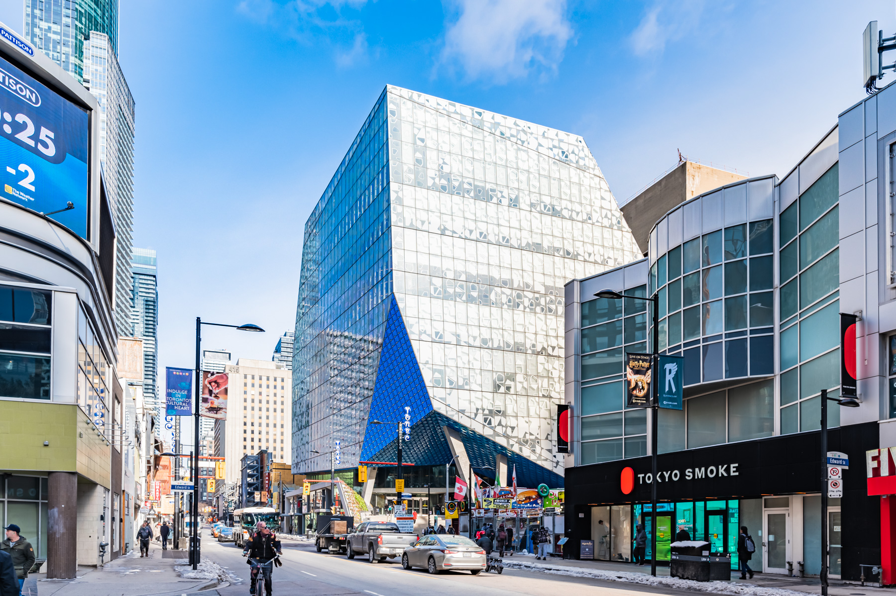 Photo of blue and silver Toronto Metropolitan University exterior.