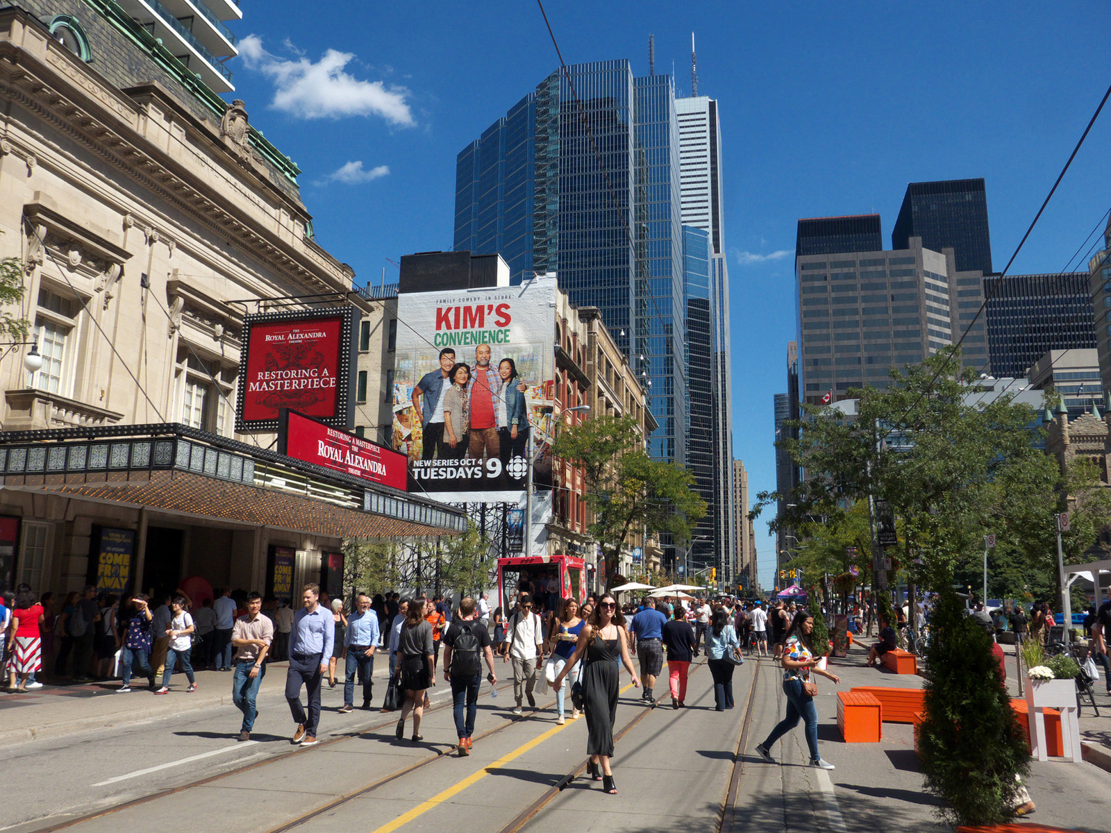 Royal Alexandria Theatre and Kim's Convenience poster in Toronto's Entertainment District.