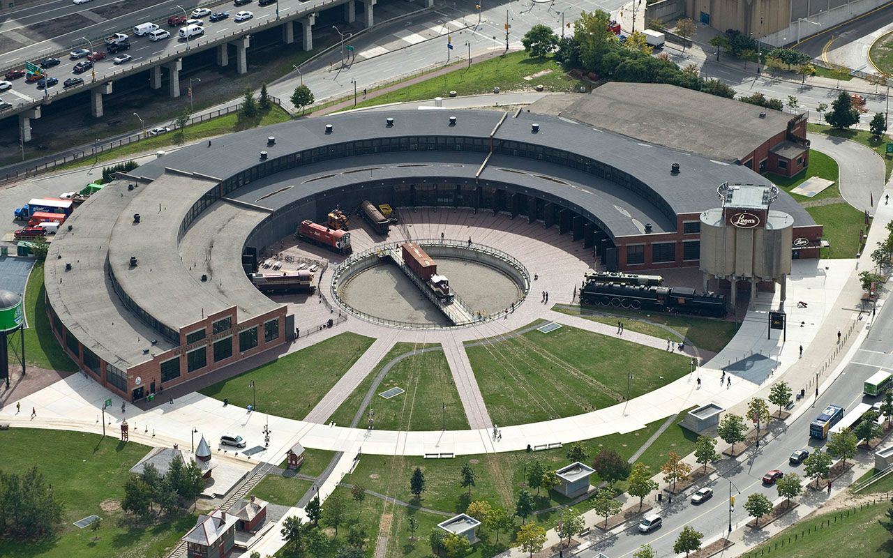 Aerial view of train turntable at Roundhouse Park Toronto.