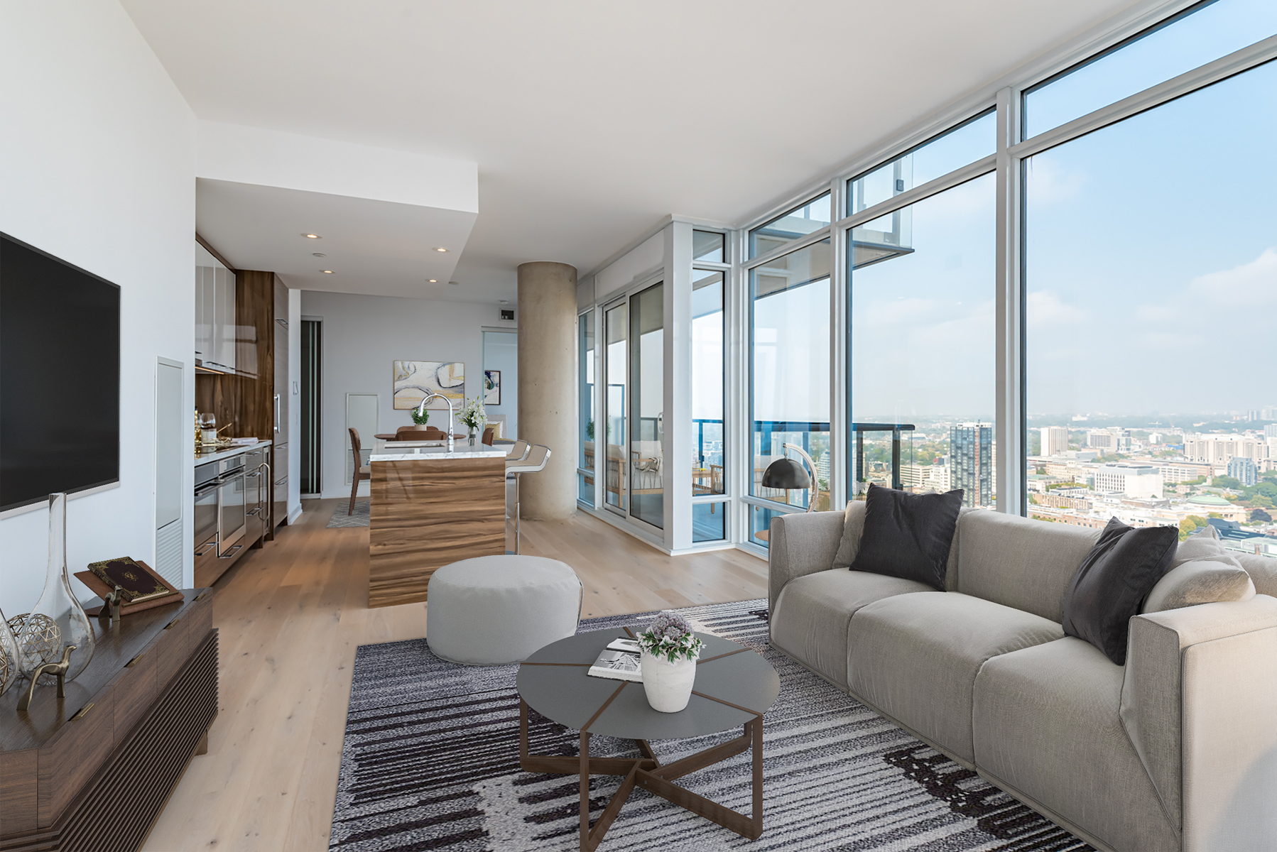 Condo with floor-to-ceiling windows and view of Toronto.