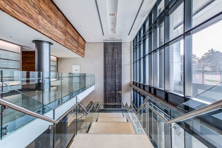 Staircase and waterfall at Arc Condos