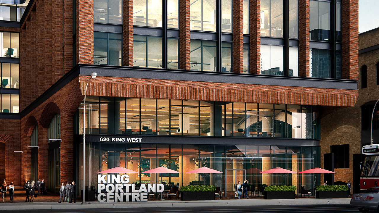 King Portland Centre concept art showing building's red-brick facade, windows, streets and pedestrians.