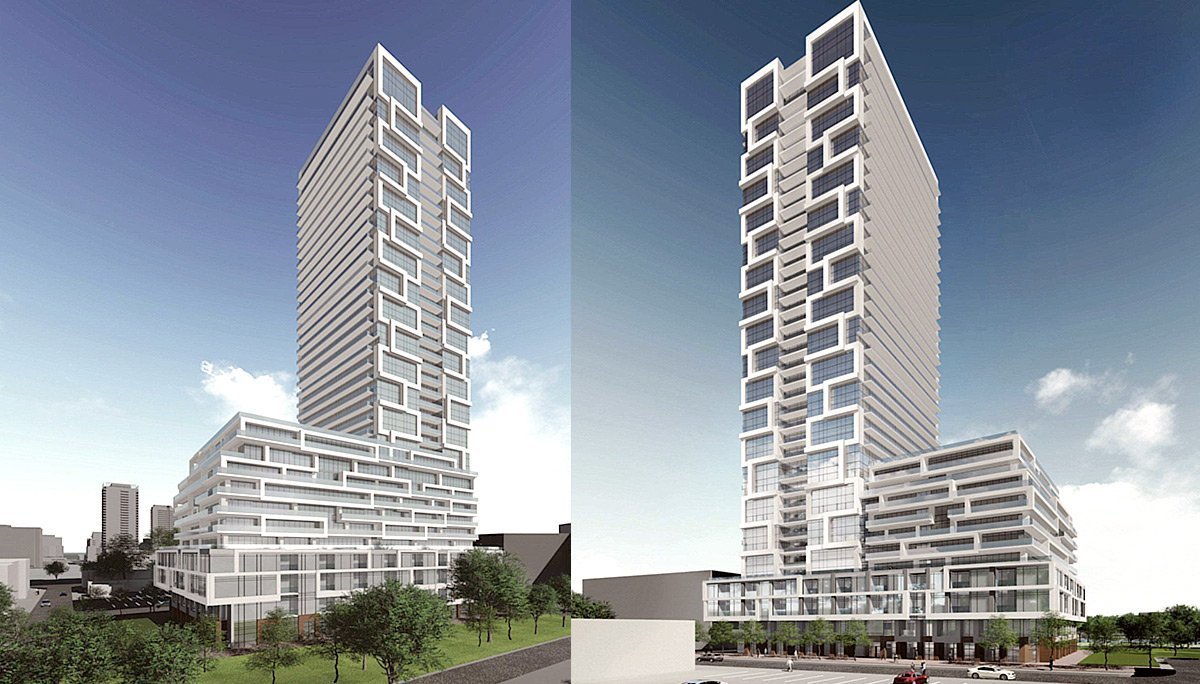 A 3D render of River and Fifth Condos on 5 Deffries St, Toronto showing building from 2 angles.