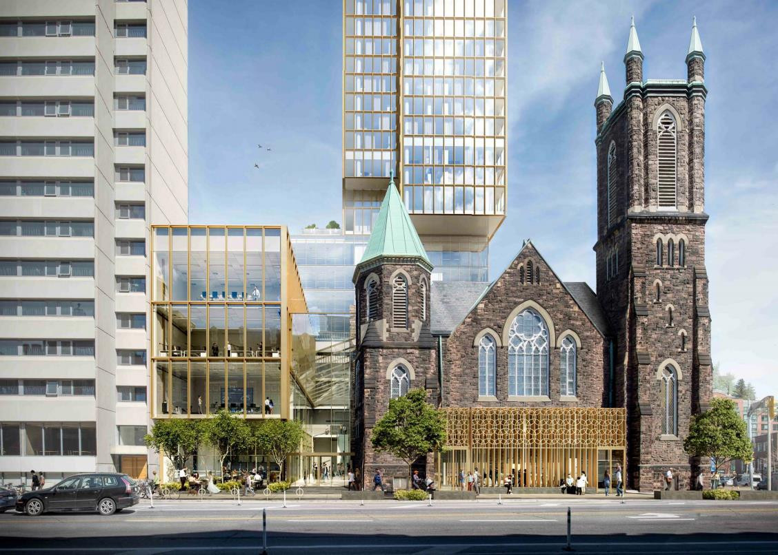3D render of Ceilo Condos with Bloor Street United Church in foreground.