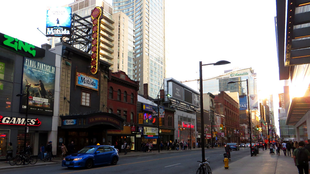 Storefronts and Ed Mirvish Theatre in Downtown Yonge St, Toronto.