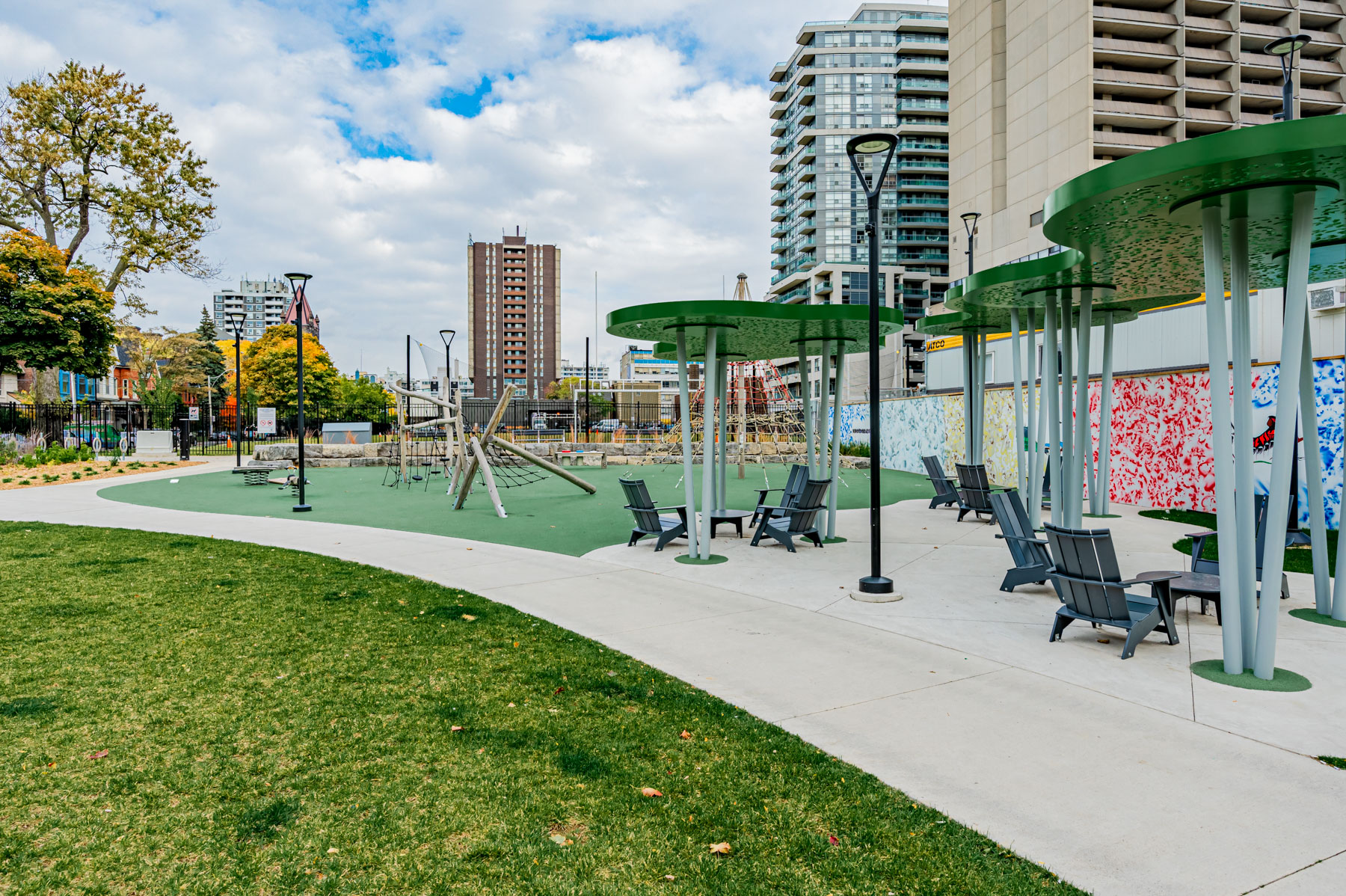 Children's playground equipment and canopy seating – Robert Street Park.