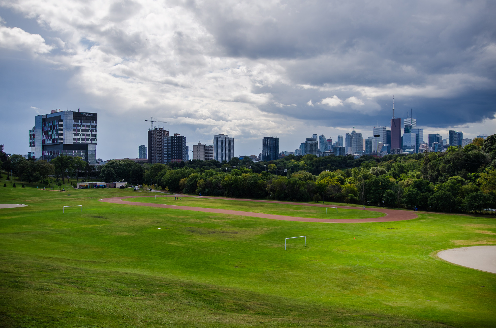 Photo of park and dark skies.