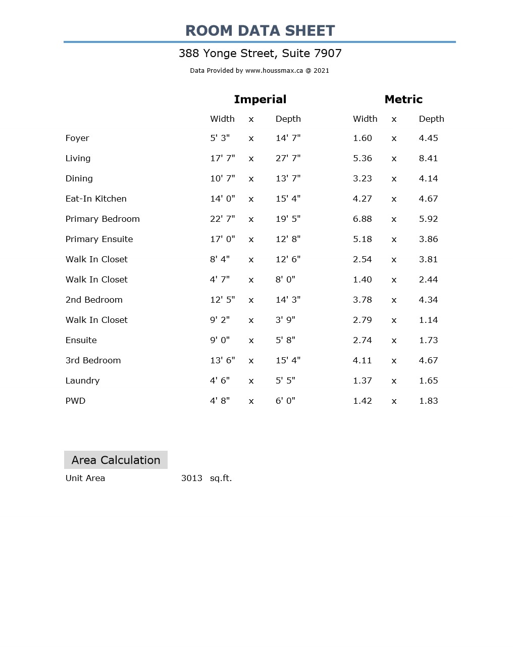 Measurements for 388 Yonge St PH 7907.