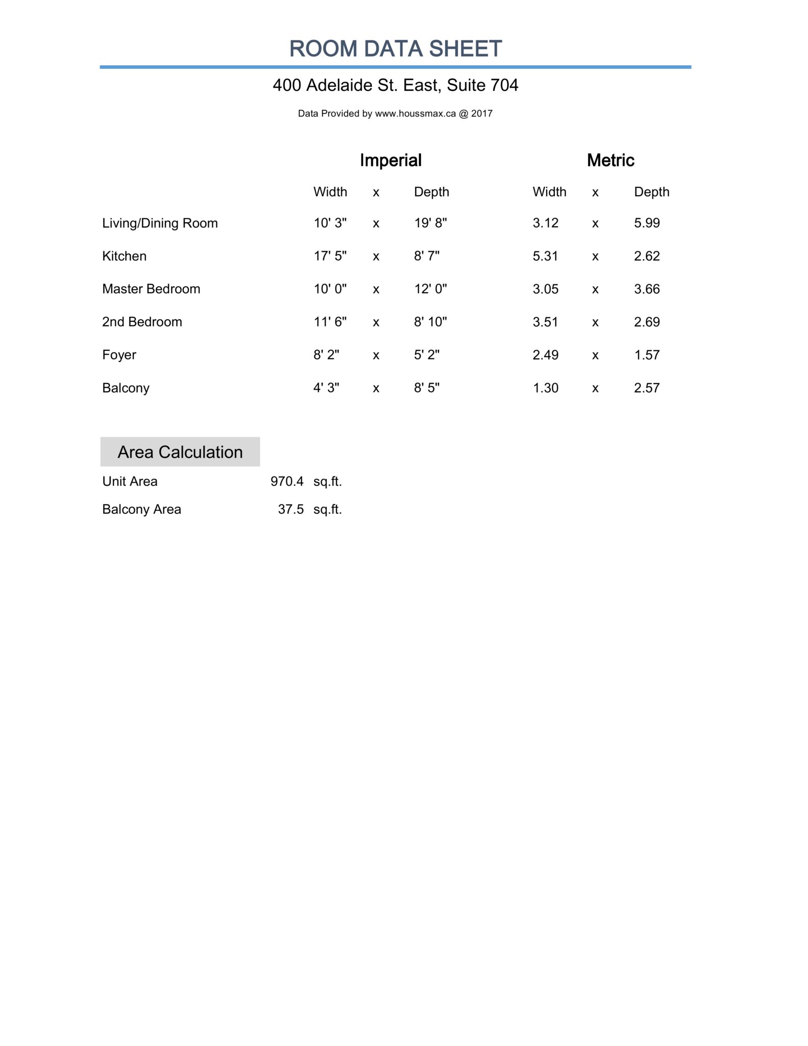 Room Measurements for 400 Adelaide Street East - Unit 704