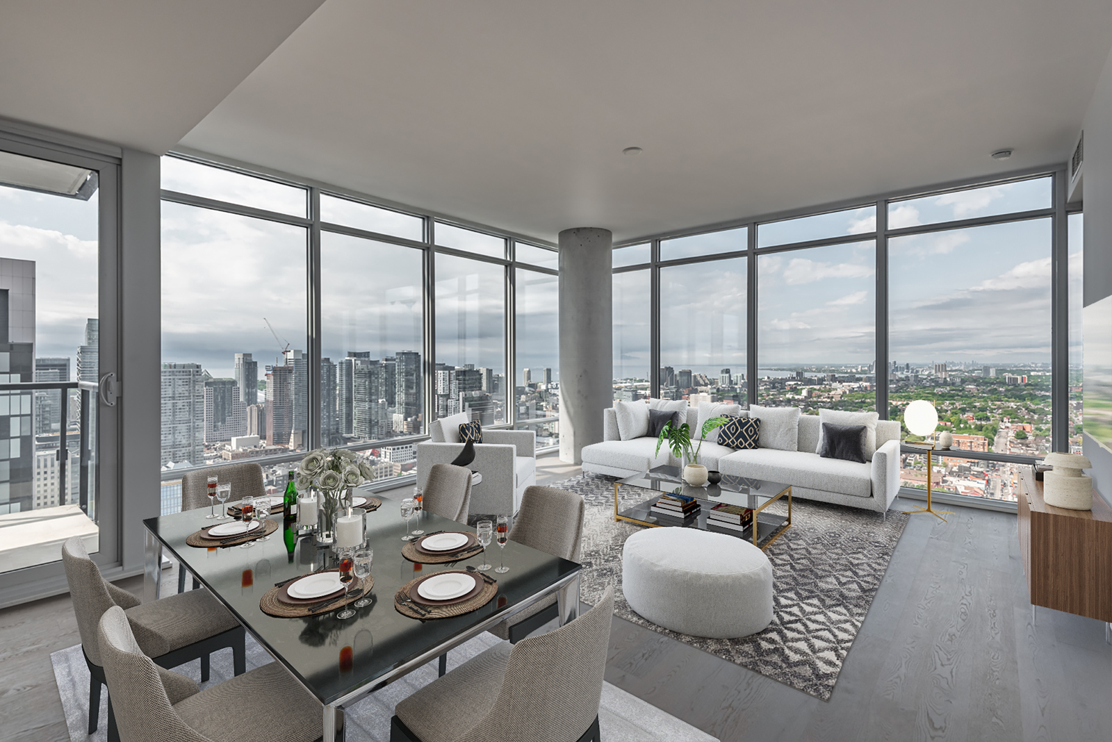 Living and dining room with 3D furniture.