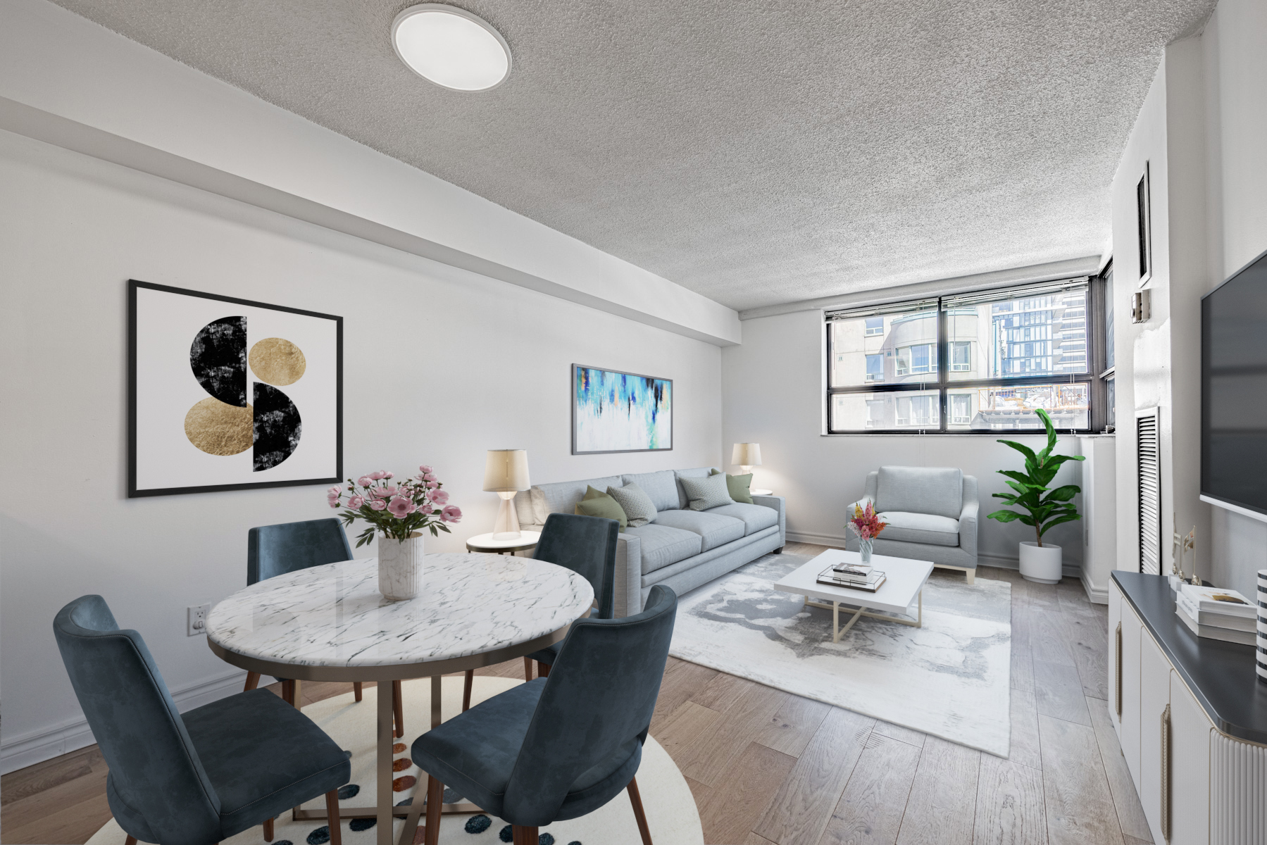 Condo living and dining area with gray walls and 3D furniture.