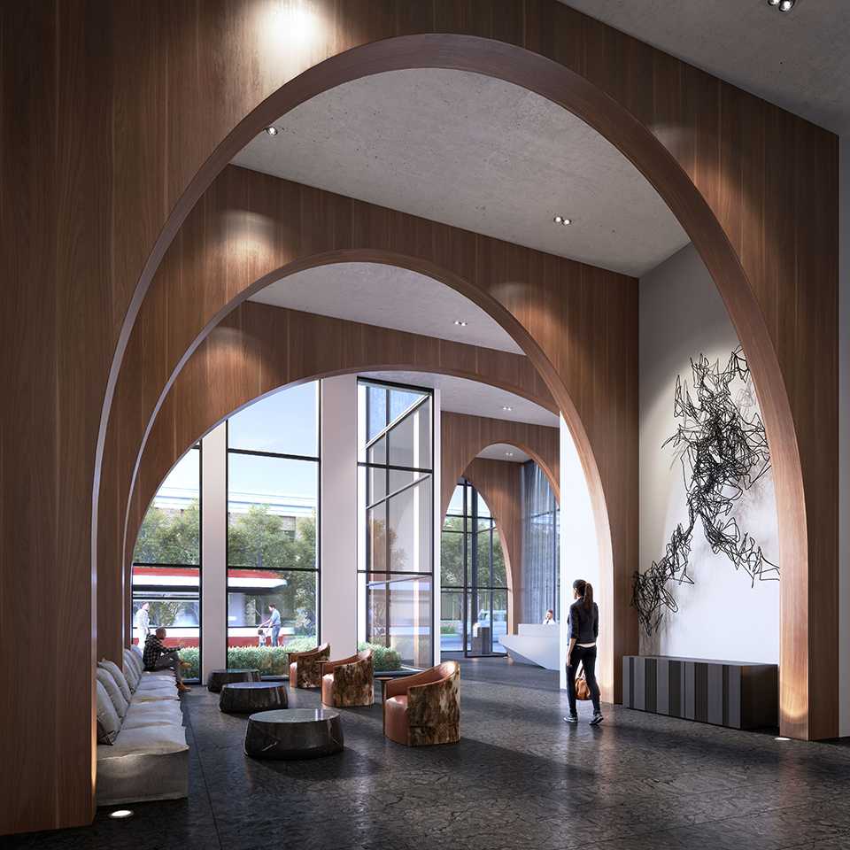 3D photo of XO Condos lobby and its wooden arches.
