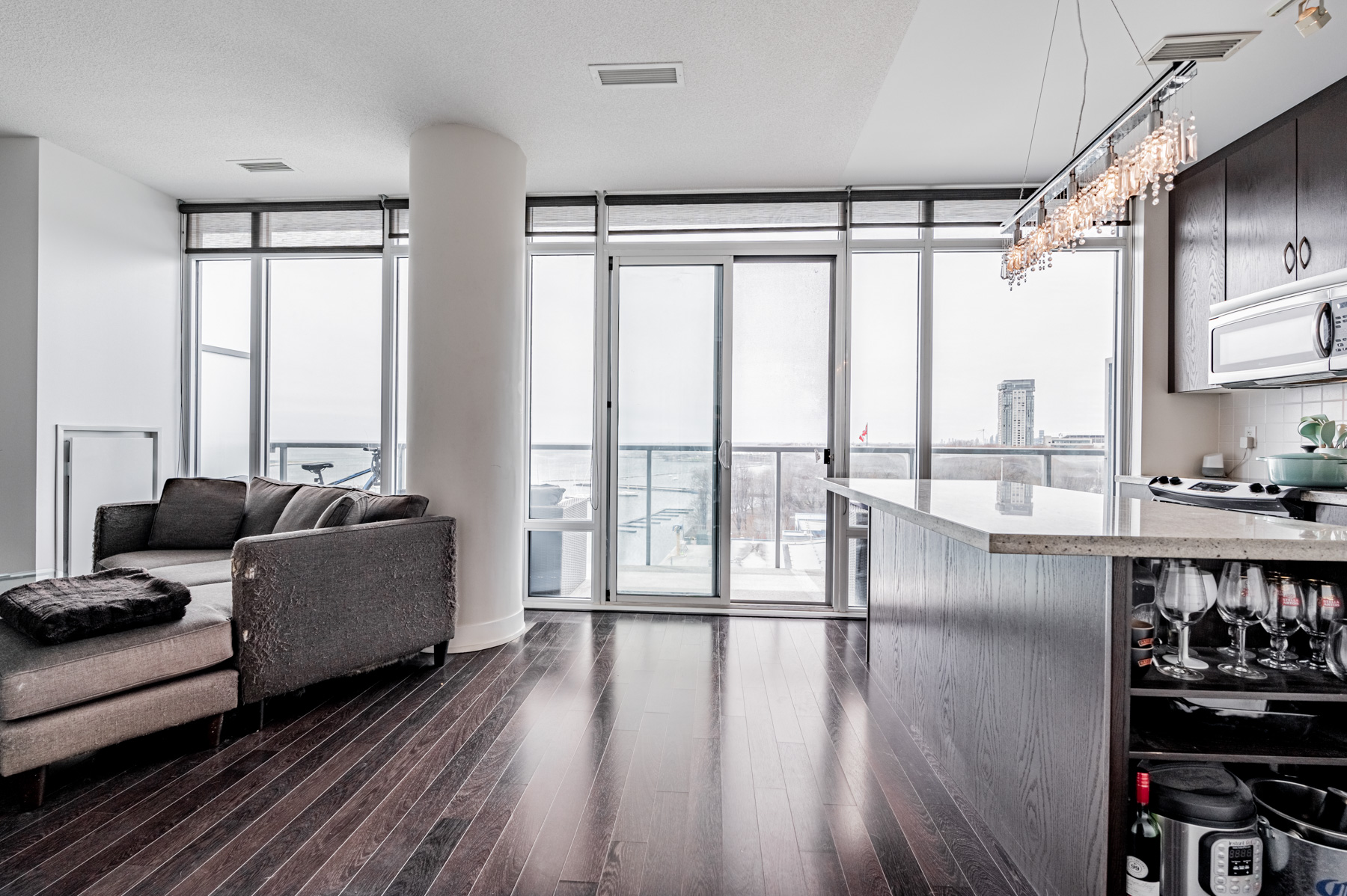 View of Lake Ontario through windows of 90 Stadium Rd Unit 824.