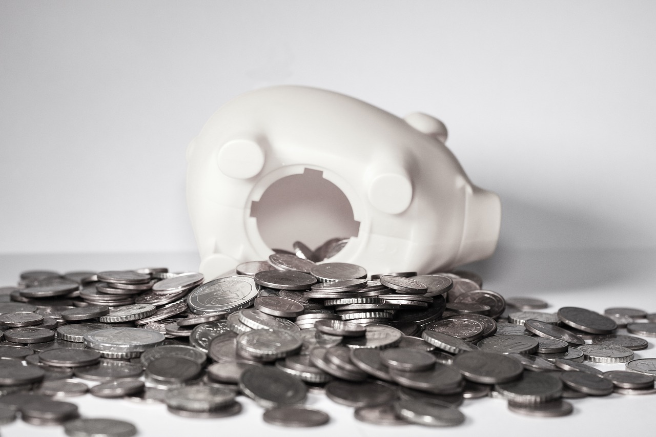 Piggy bank and coins