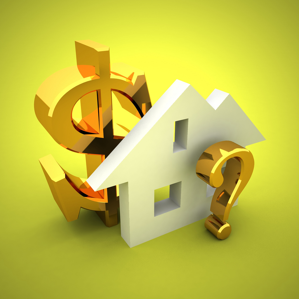 3D image of a house, gold dollar sign and question mark showing interest rates.