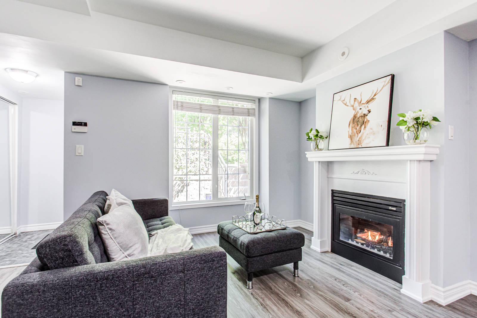 Living room with dark furniture, dark laminate floors and bright gray walls.