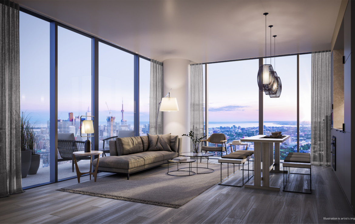 Render of living room interior of 55C Condos in 55 Charles St E Toronto,
