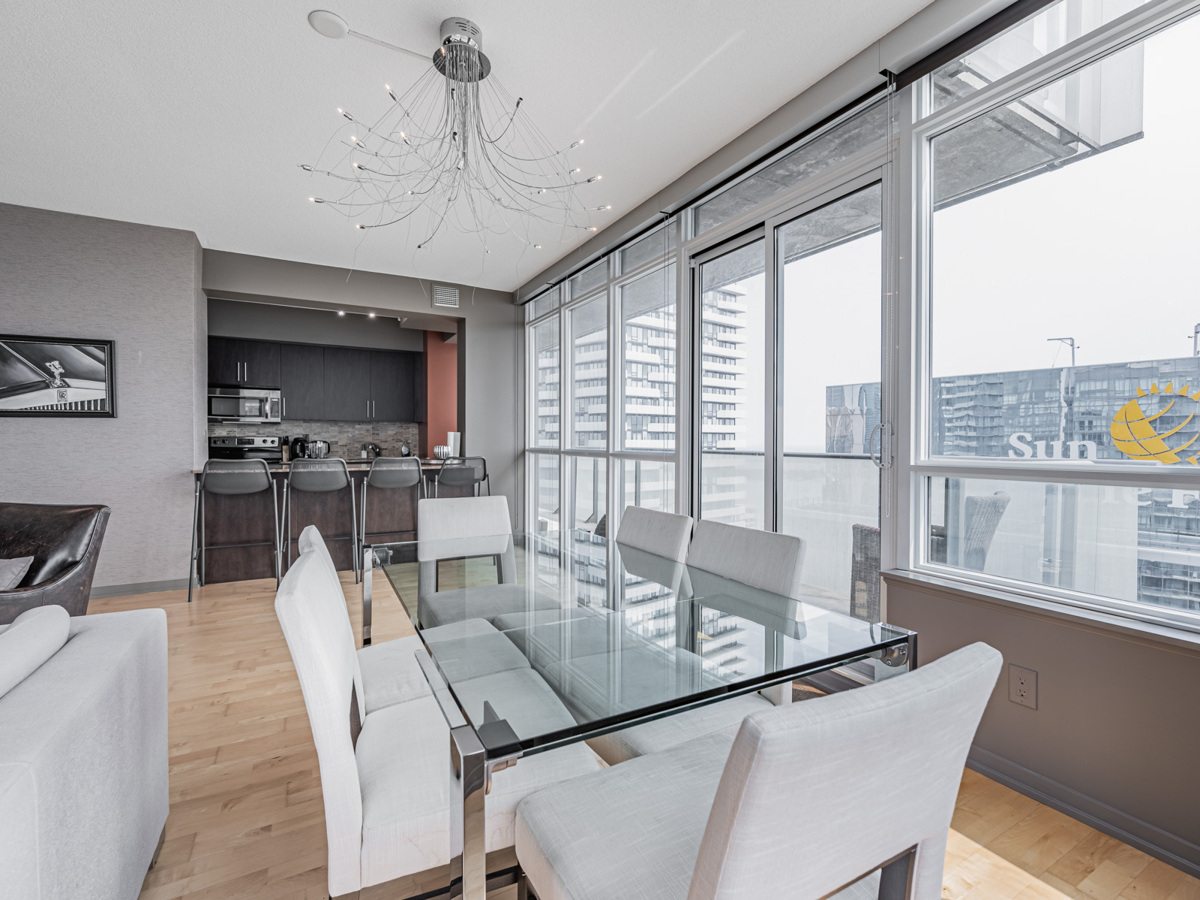 Dining room with modern chandelier.