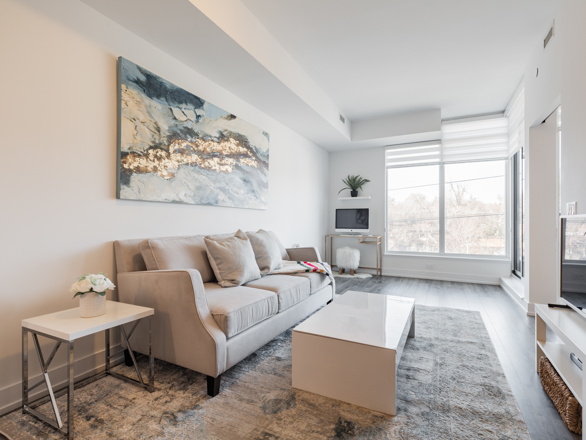 Brightly lit condo living room.