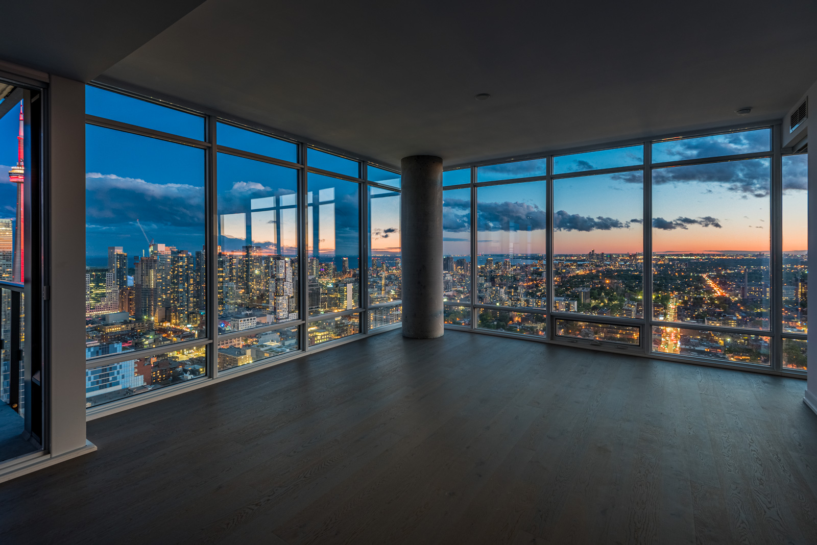 Night view of Toronto, CN Tower and Lake Ontario from 488 University Ave Suite 3410.