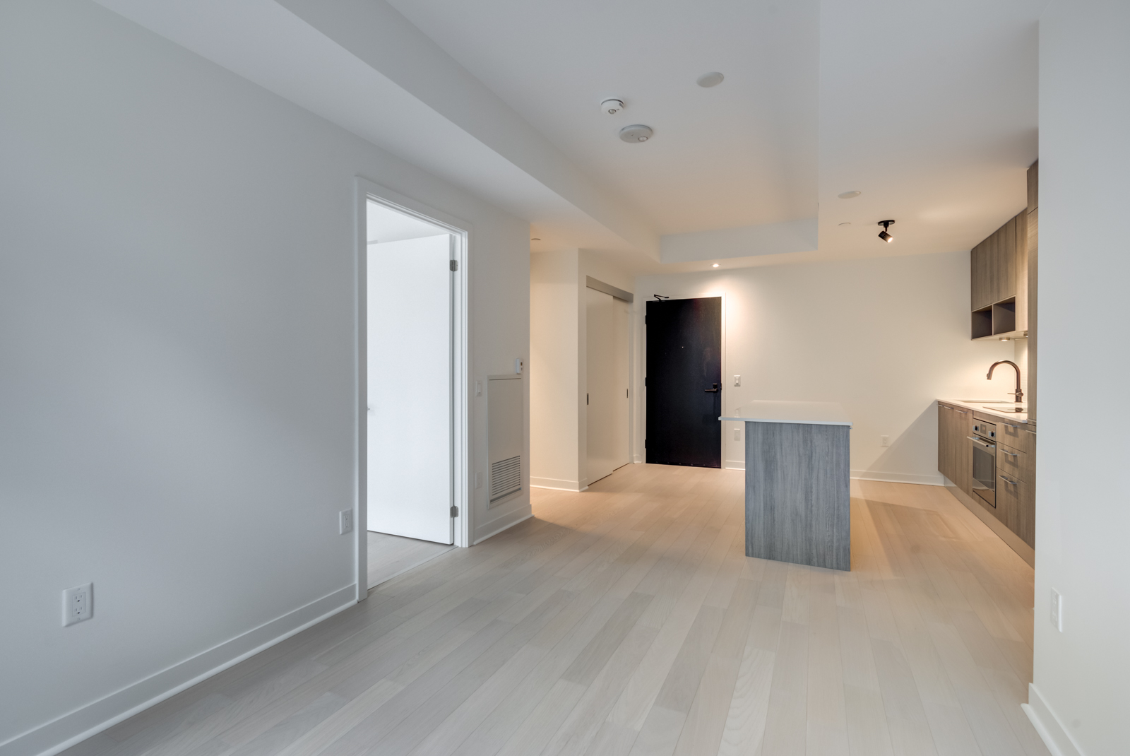 Another angle of Unit 408 showing black door set in gray wall and kitchen island and wood cabinets.