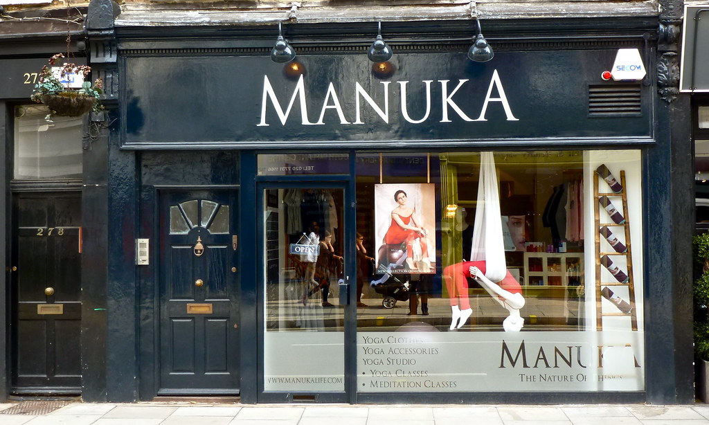 Manuka storefront display with Yoga clothes.