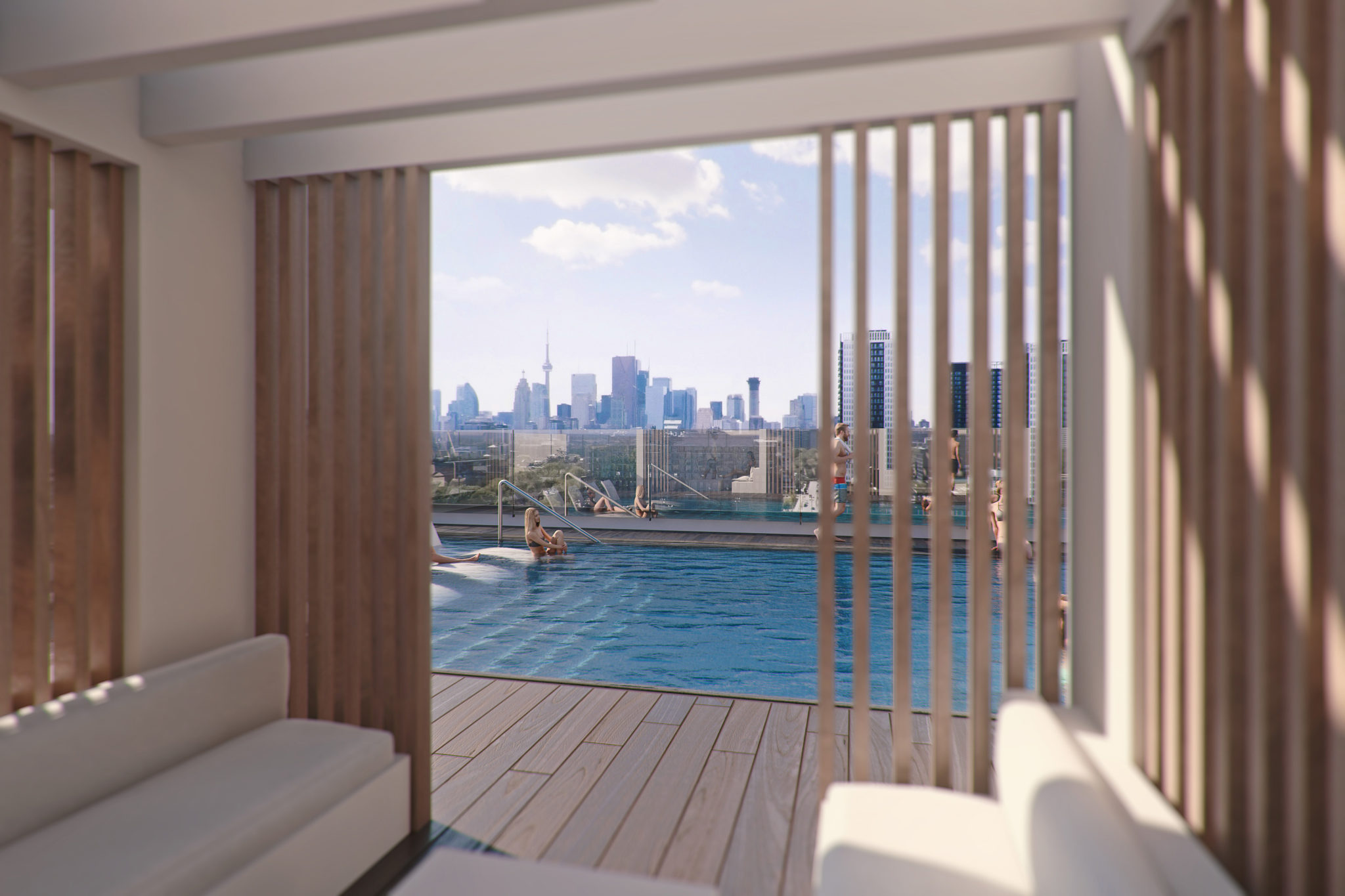 Rendering of rooftop pool amenity at River and Fifth Condos on 5 Defries St, Toronto.