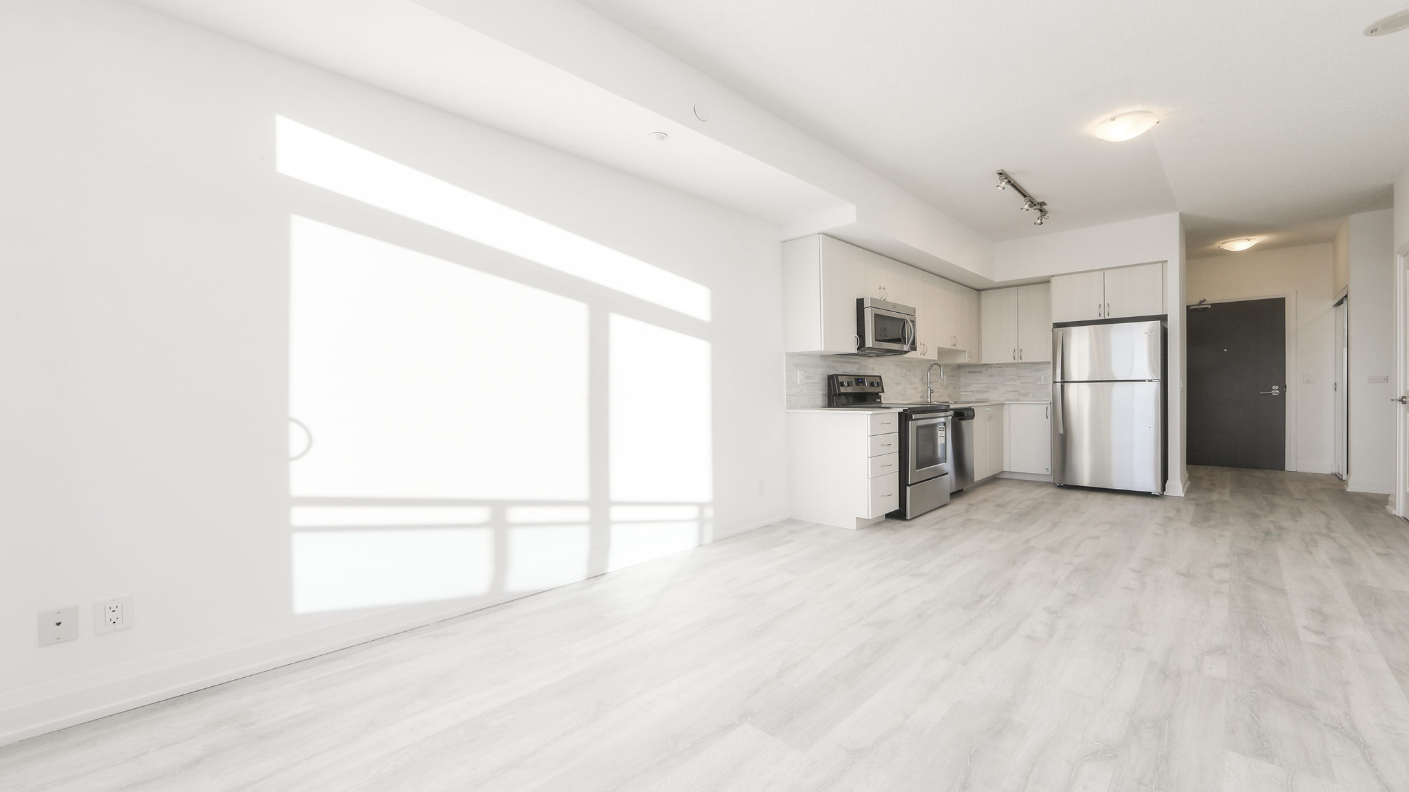 Picture of kitchen and living room. Because it's open-concept, the rooms look rather huge.