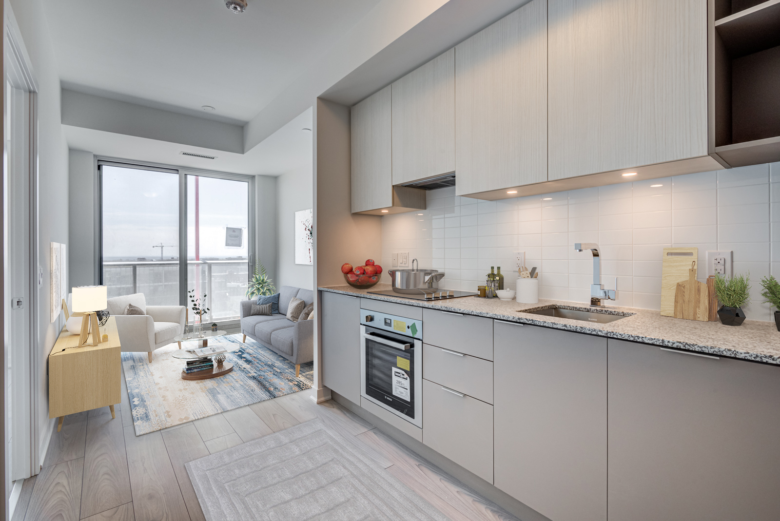 Kitchen with 3D fruit bowl, plants and pot.