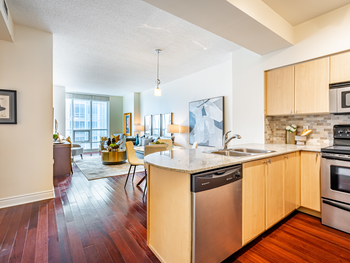 View of 763 Bay St Unit 4705 kitchen, dining room and living room.