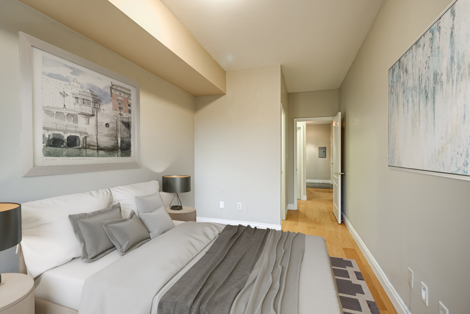 Render of second bedroom with large bed, pillows and wall art at 77 McMurrich St Unit 308 in Yorkville.