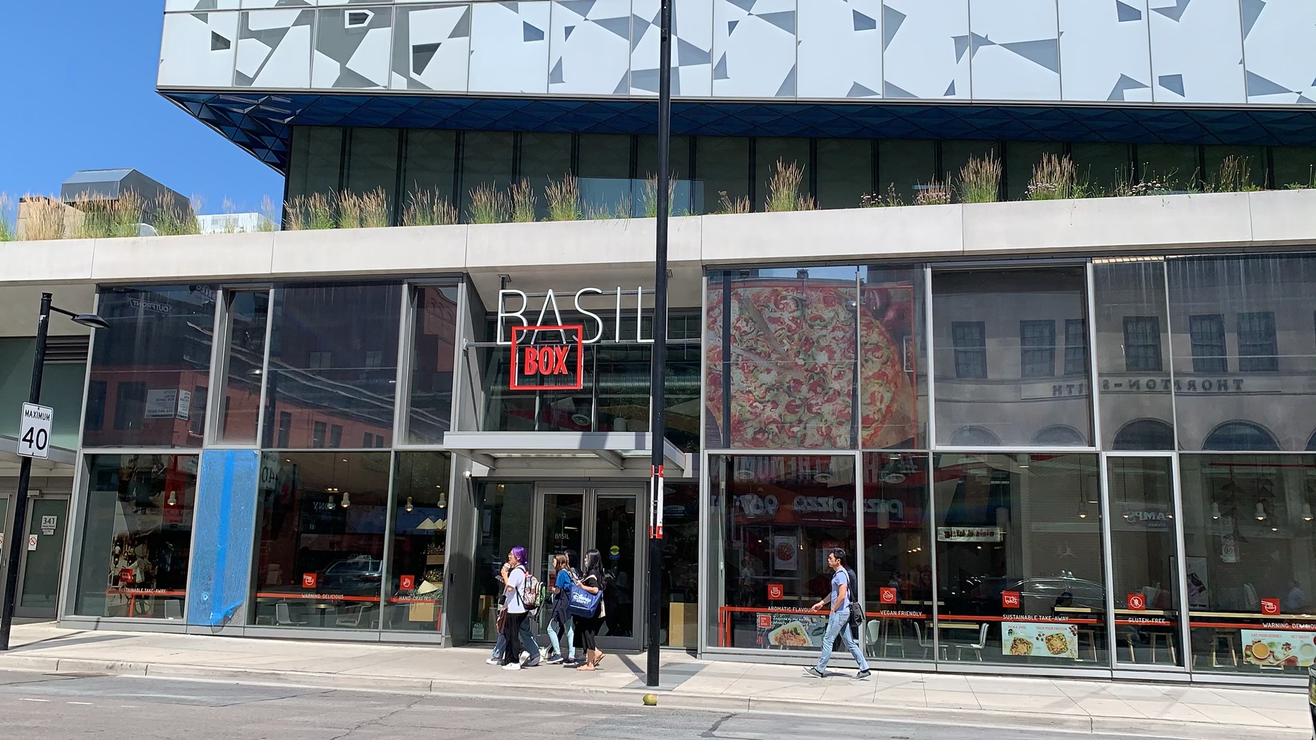 Sign for Basil Box restaurant in Ryerson University Student Learning Centre in Toronto.