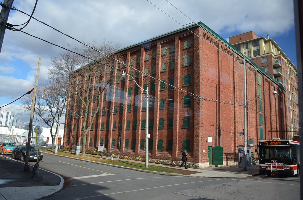 Red-brick warehouse exterior in Corktown, Toronto.