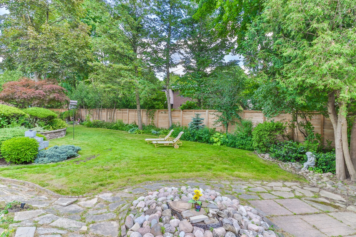 Huge backyard with 2 chaise lounges under trees.