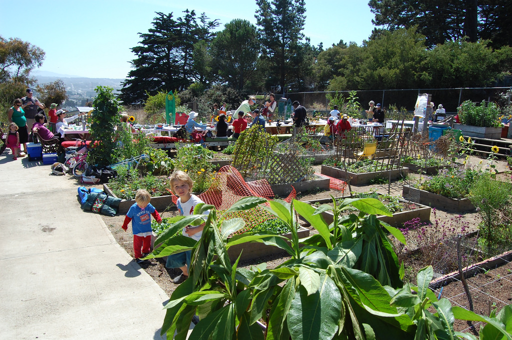 Community garden with kids and adults. The day is bright and also warm.
