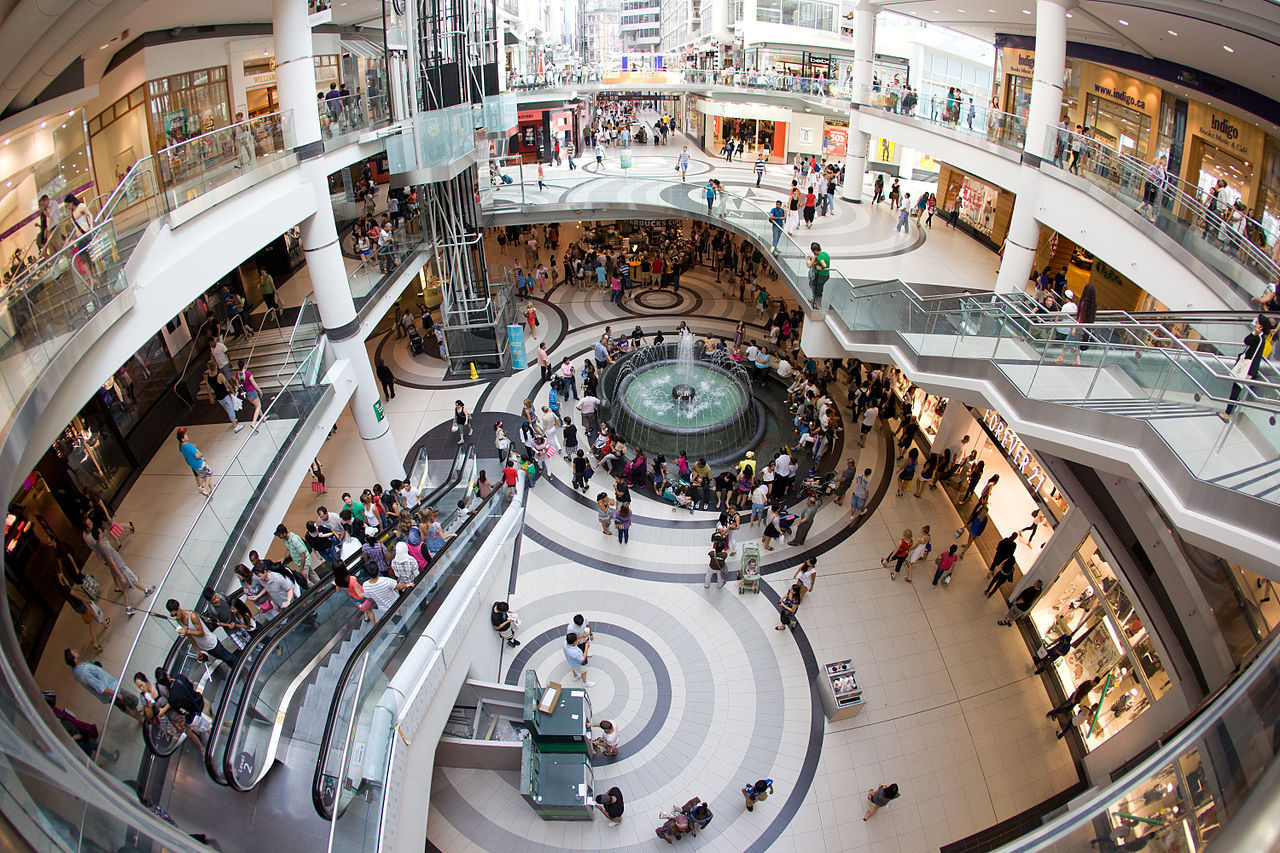 Overhead photo of the Eaton Centre showing busy shoppers