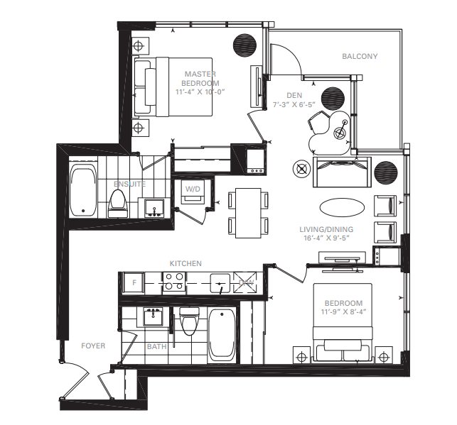 A top down view of Unit 1208's floor plans