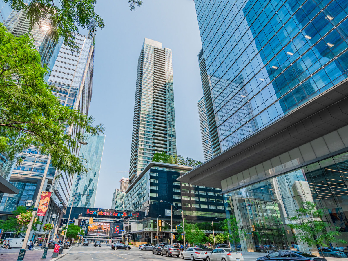 Looking up at Maple Leaf Square Condos from street.