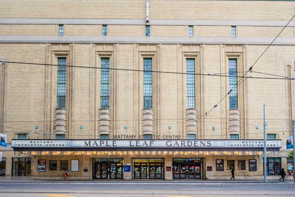 Historic facade of Mattamy Athletic Centre Maple Leaf Gardens.