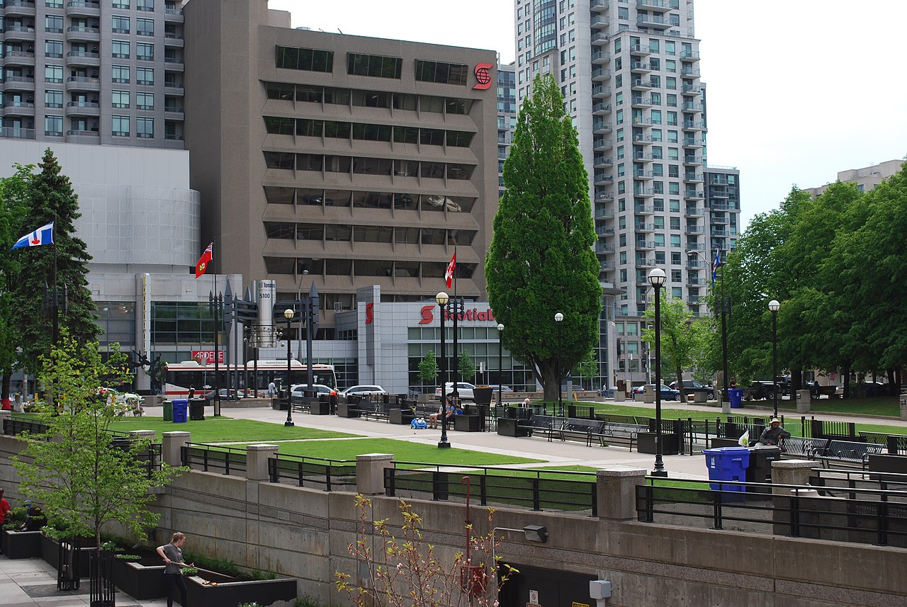 People and buildings in Mel Lastman Square in North York.