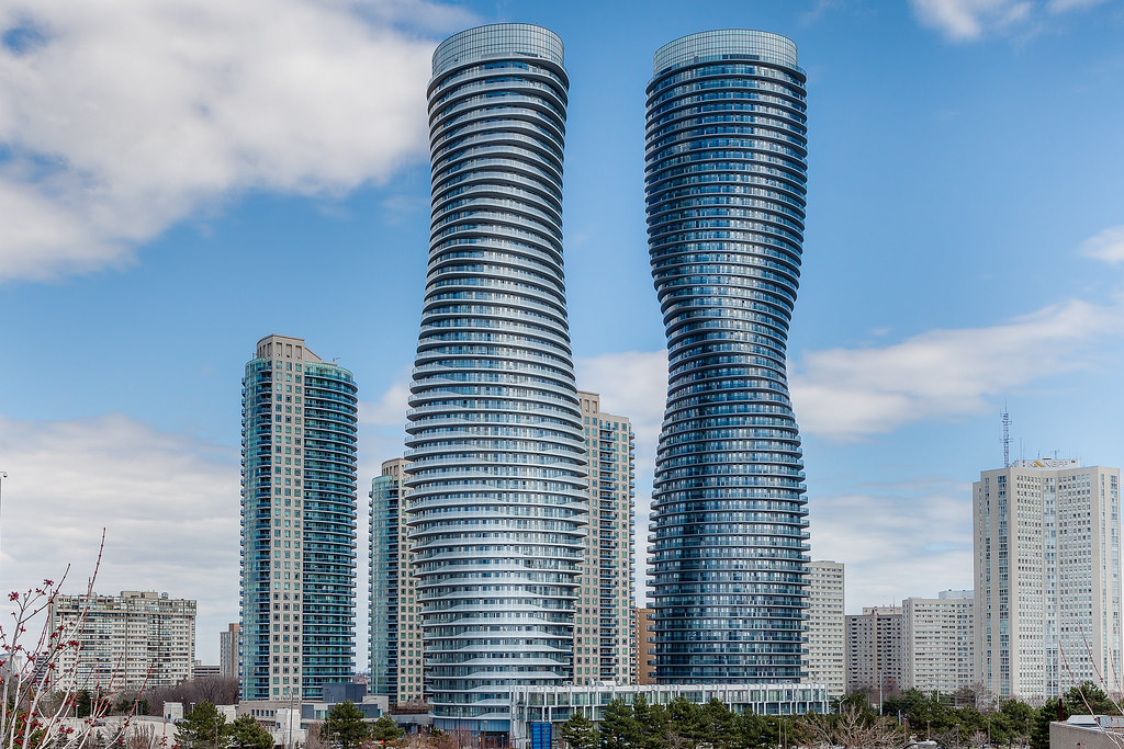 Mississauga, Ontario skyline showing curvy Absolute Towers buildings.