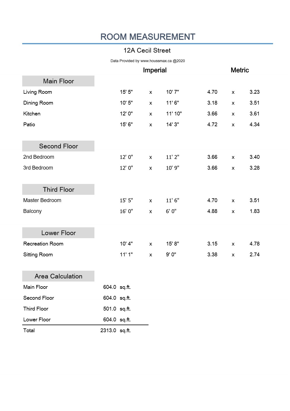 Room measurements for 12A Cecil Street