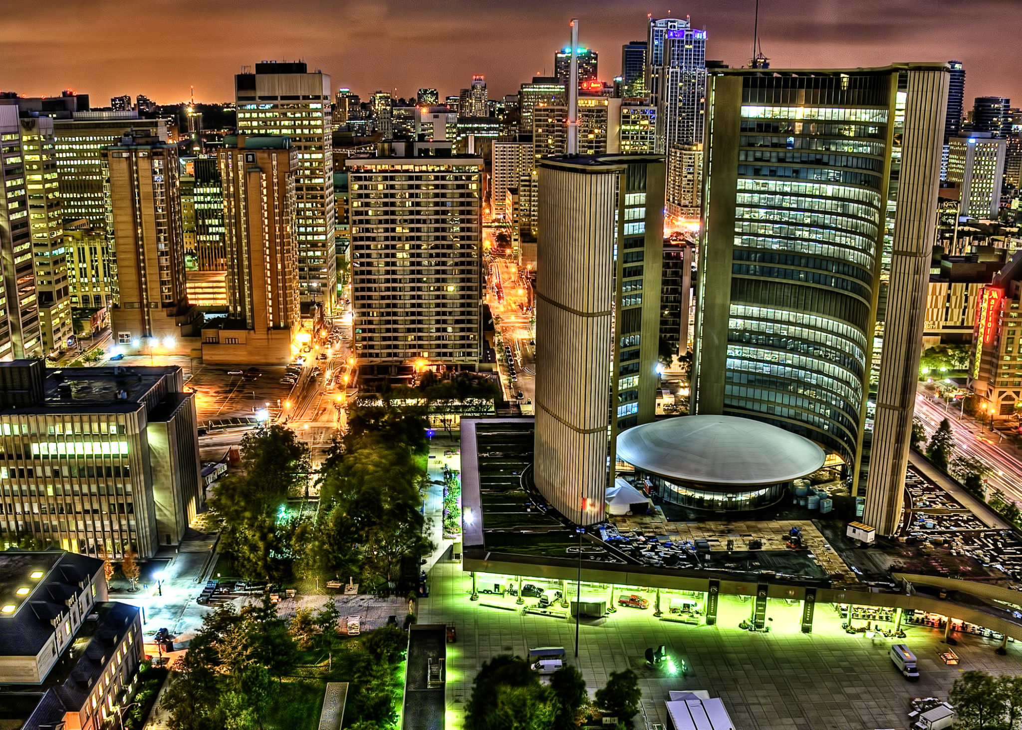 View of Toronto and City Hall at Night