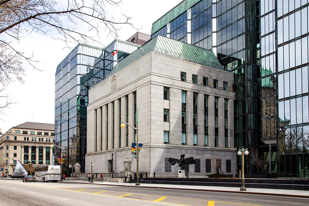 Gray stone exterior of Bank of Canada in Ottawa, Canada.