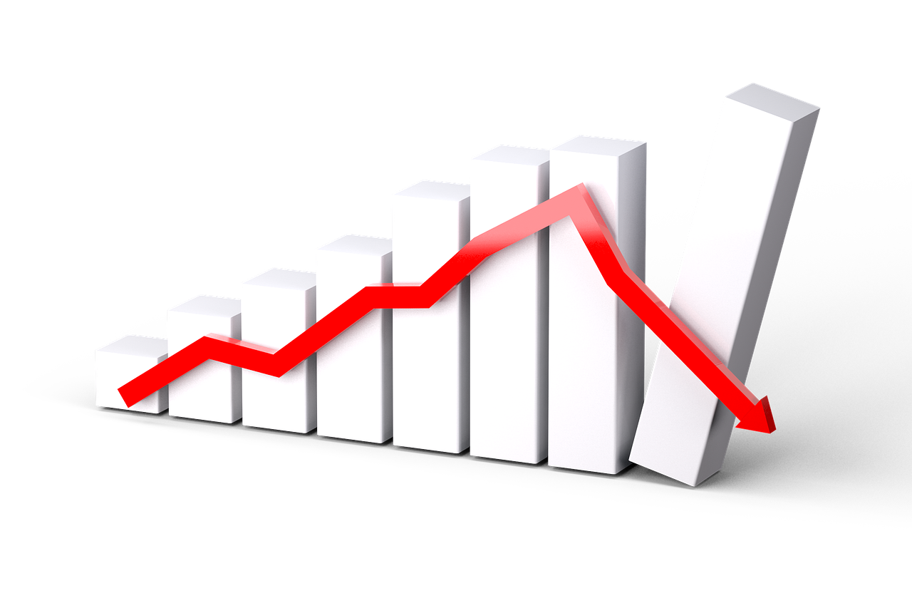 Bar graph with white bars and red arrow showing rough start of 2021 Toronto condo market.