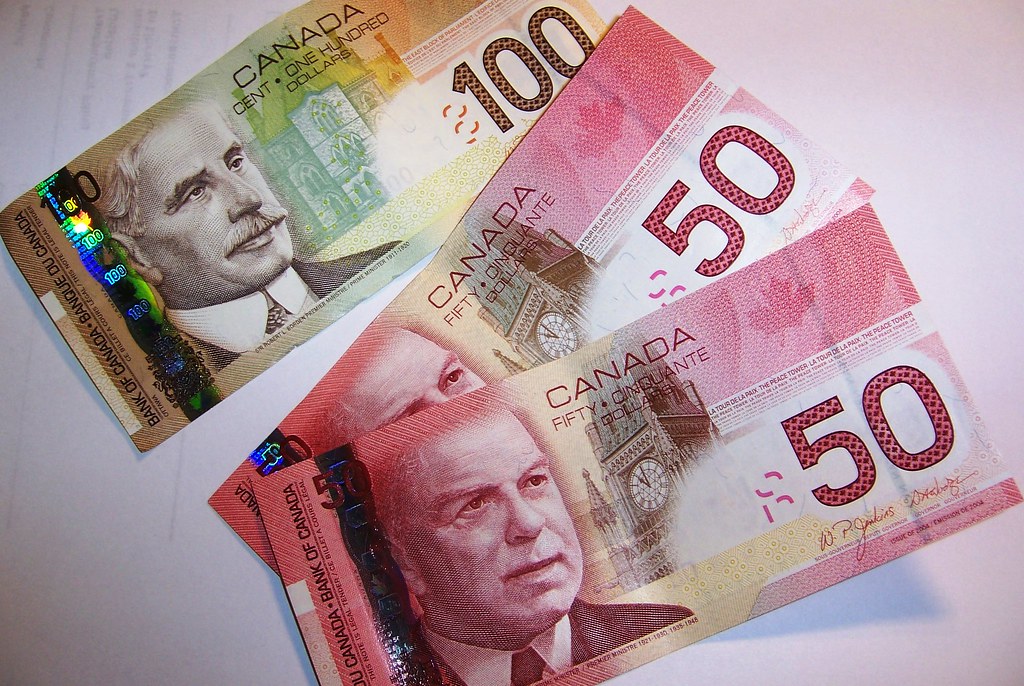 Canadian currency, including red $50 notes and $100 note, showing impact of March 2020 Interest Rate Cuts.