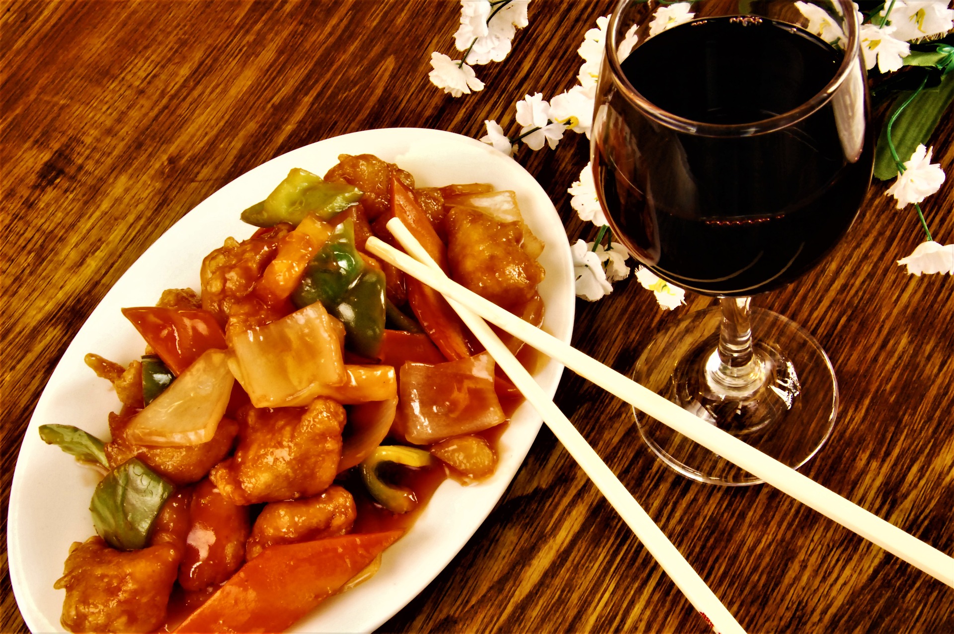 Photo of Chinese food and wine