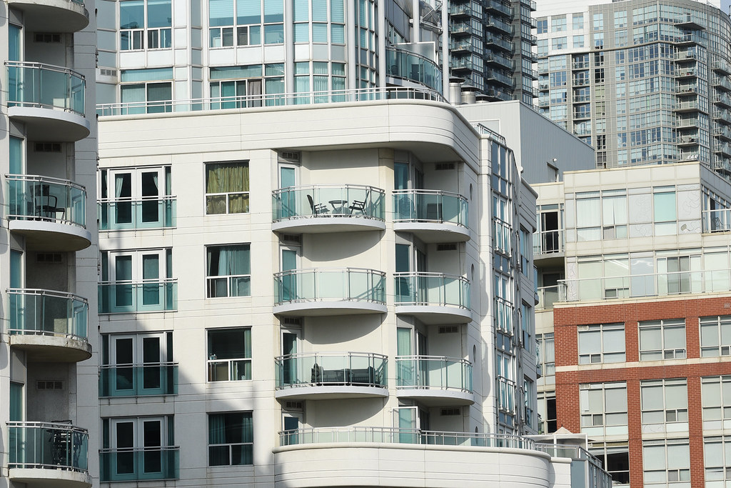 Close up Toronto condo balconies.